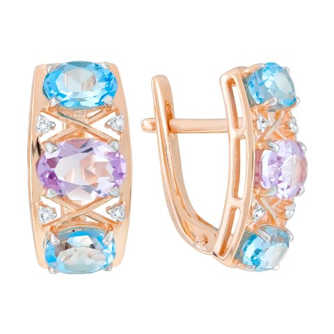Серьги из золота 585 с полудрагоценными вставками и фианитом, ср. вес 4,85г