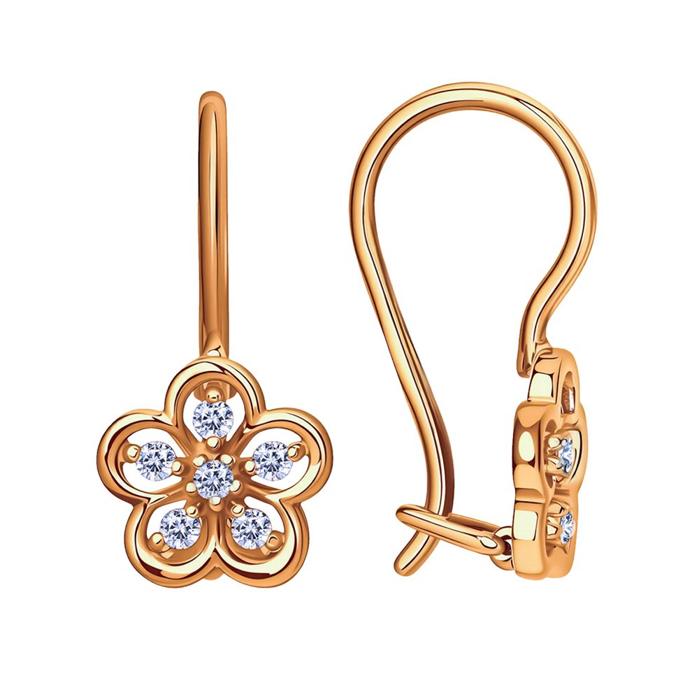 Серьги из красного золота 585 с фианитом, ср. вес 1,32г