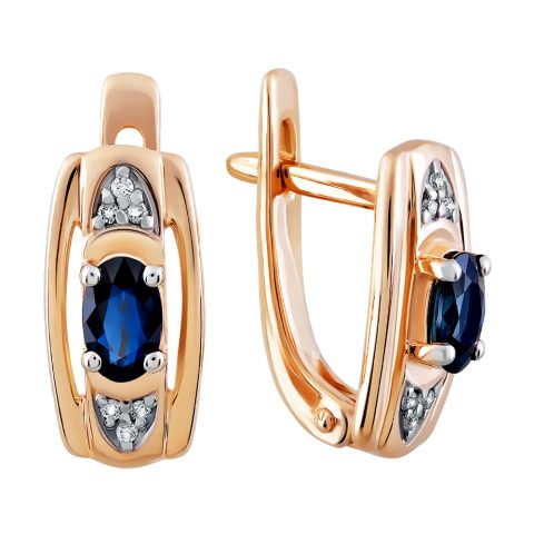 Серьги из красного золота 585 с бриллиантом и сапфиром, ср. вес 2,89г