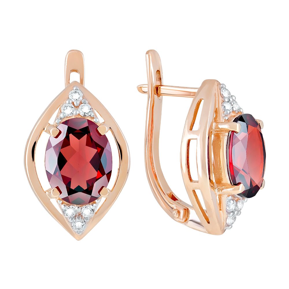 Серьги из красного золота 585 с гранатом и фианитом, ср. вес 5,38г