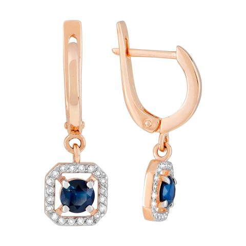 Серьги из красного золота 585 с бриллиантом и сапфиром, ср. вес 3,32г