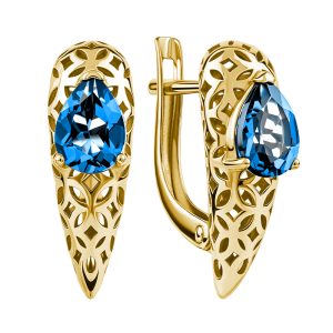Серьги из жёлтого золота 585 с лондон топазами (облагорож.), ср. вес 3,47г