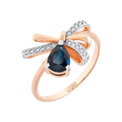 Кольцо из красного золота 585 с сапфиром и фианитом, ср. вес 2,79г