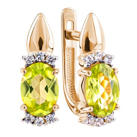 Серьги из красного золота 585 с хризолитами, ср. вес 2,55г