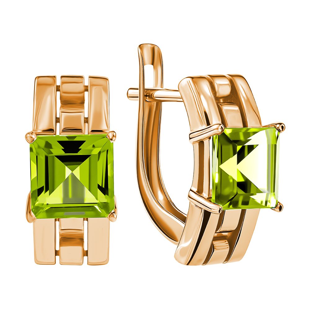 Серьги из красного золота 585 с хризолитами, ср. вес 3,22г
