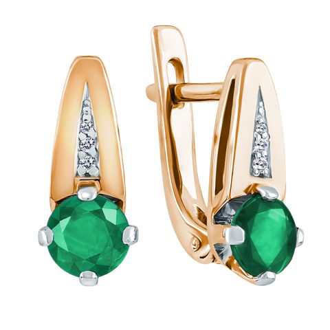 Серьги из красного золота 585 с бриллиантом и изумрудом, ср. вес 2,99г