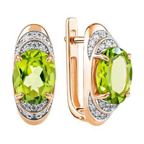 Серьги из красного золота 585 с хризолитами, ср. вес 4,49г