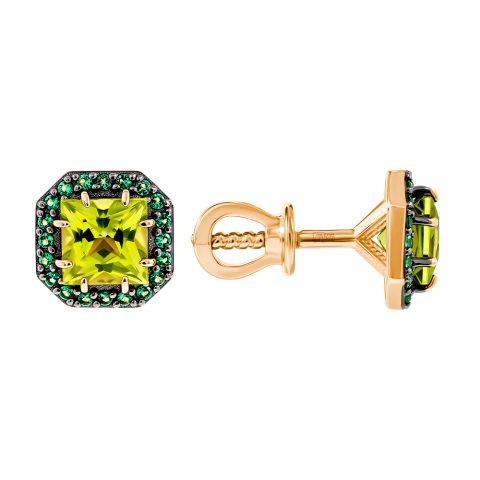 Серьги из красного золота 585 с хризолитами, ср. вес 2,14г